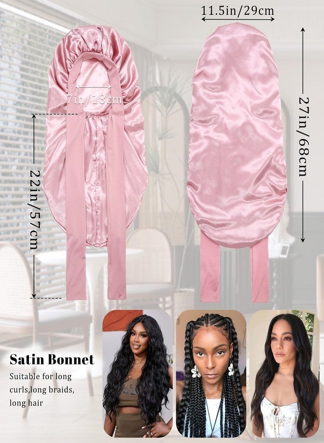 CHLINS Long Bonnet Satin Bonnet for Sleeping Women Double Layer Hair Bonnet Braid Bonnet with Stretchy Tie Band(Pink) - Image 2